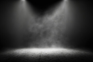 Empty space of Studio dark room concrete floor grunge texture background with spot lighting and fog or mist in black background. Generative AI