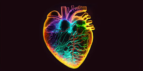 Neon heart-shape. real heart. Science Valentine's Day party decoration. Love concept. Neon love light. Generative AI