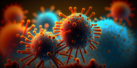 Obraz premium Macro shot of bacteria and virus cells in a scientific laboratory petri dish. Pathogenic bacteria, Epidemic bacterial infection. petri dish in a microbiological lab. Generative AI