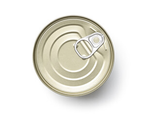 Top view of new canned food container isolated on white background. Clipping path.