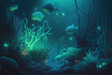 Deep-sea environment with strange creatures and bioluminescent plants glowing in dark, concept of Mysterious and Unfamiliar, created with Generative AI technology