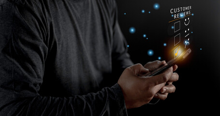 Customer Experience dissatisfied Concept, Unhappy Businessman Client with Sadness Emotion Face on smartphone screen, Bad review, bad service dislike bad quality, low rating, social media not good.