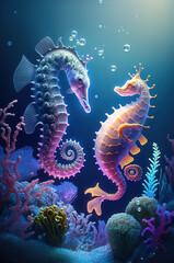Fototapeta na wymiar Underwater, seahorses, algae. Generative AI.