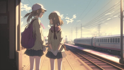 A heart-wrenching anime goodbye between two childhood friends on a train platform, SHONEN STYLE. Two anime girls on the railroad. Goodbyes of two anime girls. Generative AI.