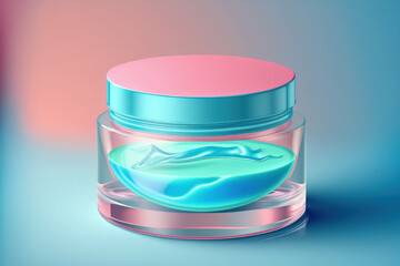 Glass container with transparent cosmetic gel isolated on a blue background. Background of makeup and cosmetics, skincare item. Generative AI