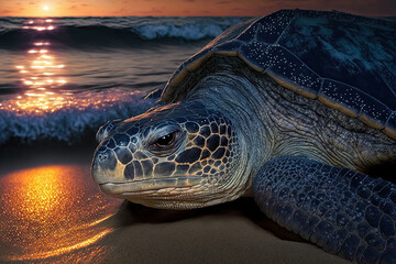Obraz premium A close up of a leatherback turtle laying her eggs during the nesting season in Trinidad and Tobago morning shooting at Grande Riviere. Beautiful sunrise as sea turtle makes its way back to the water