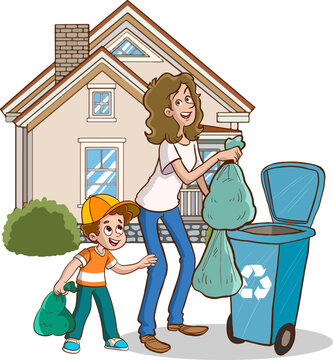 garbage woman and children cartoon vector 