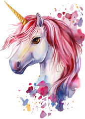 Naklejka na ściany i meble Beautiful colorful Unicorn, on a white background. Watercolor animals hand drawn illustration