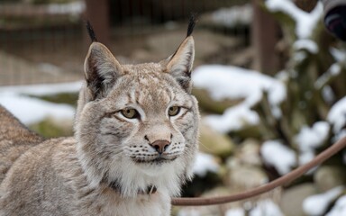 close up view to young Lynx on a leash with snow background