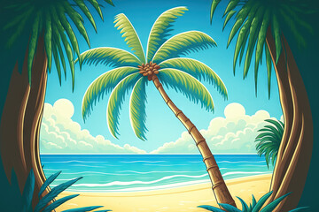 Fototapeta na wymiar Beautiful backdrop of a tropical beach with the ocean and a coconut palm tree during a vacation. Generative AI