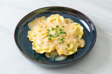 ravioli pasta with corn cheese sauce
