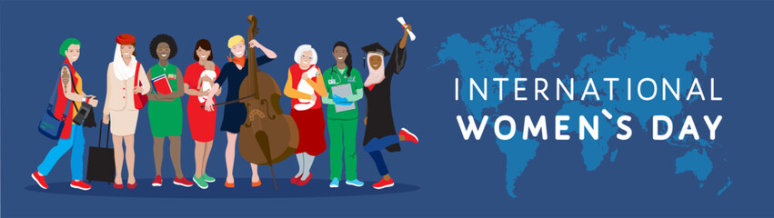 International Women`s Day holiday vector banner. Diverse international group, young and elderly women, african, asian, muslim female together, different professionals, happy mom, support, empowerment
