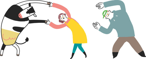 乳牛と手に手を取る酪農家の若い夫婦　イラスト素材
