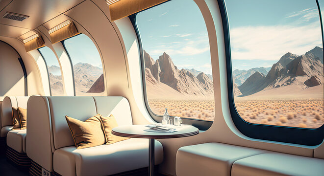 Train Futuristic Interior with Landscape outside the Window - Generative AI