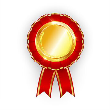 Realistic golden award decorated with red ribbon. Gold medal 1st place isolated on white background. High quality premium badge. Vector illustration.