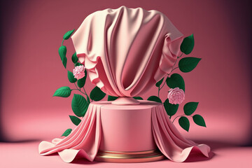 podium with pink cloth background. The rose flower in nature blooms. feminine pedestal showcase for the promotion of beauty products and cosmetics in the summer and spring. luxury garden mockup in the
