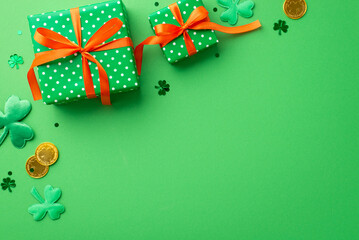 Saint Patrick's Day concept. Top view photo of green gift boxes with orange ribbon bows gold coins shamrocks and trefoil shaped confetti on isolated green background with copyspace