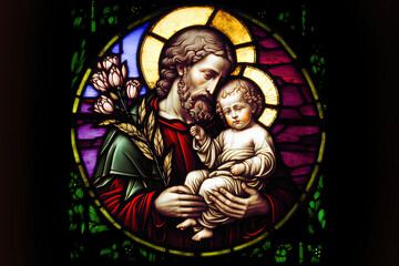 Saint Joseph holds the Christ child in his arms. Christian stained glass. Joseph of Nazareth.