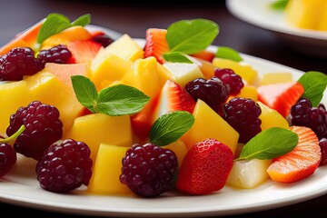High-Resolution Image of a Colorful and Fresh Fruit Salad, Perfect for Adding a Healthy and Vibrant Element to any Design Project