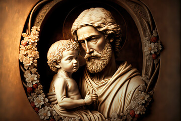Saint Joseph holds the Christ child in his arms. Christian statue. Joseph of Nazareth.