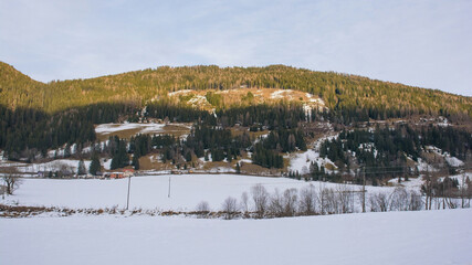 The snowy winter landscape near Sankt Margarethen in the Sankt Paul im Lavanttal municipality of the Wolfsberg District, Carinthia, Austria
