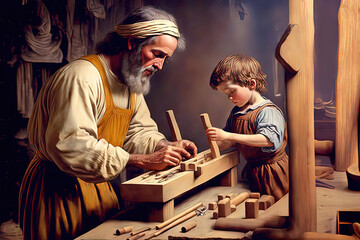 Saint Joseph of Nazareth teaches Jesus Christ about carpentry. Father's Day. Saint Joseph the Worker.