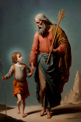 Obraz premium Saint Joseph walks along the road with little Jesus Christ. Saint Joseph's Day.