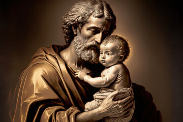 St. Joseph holds the baby Christ in his arms. Christian painting. Father's Day.