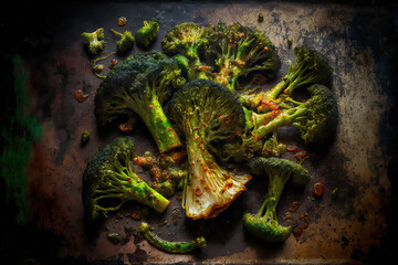 Broccoli florets that have been roasted and have been mixed with oil, soy sauce, rice vinegar, garlic powder, ginger powder, and chile. horizontal emphasis with selection. Generative AI