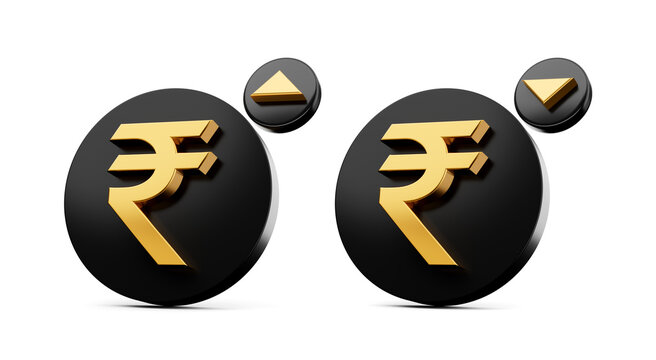 Indian Rupee symbol increase and decrease icon. Money 3d illustration isolated on background