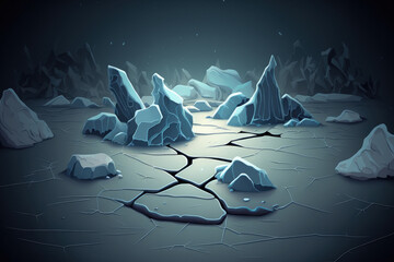 Ice surface with cracks. Crushed ice on a dark background. Ice that had been smashed was dispersed. Generative AI