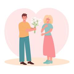 A guy gives  bouquet of flowers to a girl. Romantic, couple in love, valentine's day, dating, 8 march concept.
