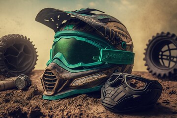 Dirty motorcycle, motocross helmet with goggles, Generative ai
