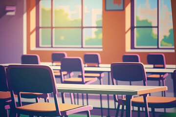 School classroom in blur background without young student; Blurry view of elementary class room no kid or teacher with chairs and tables in campus. Generative AI