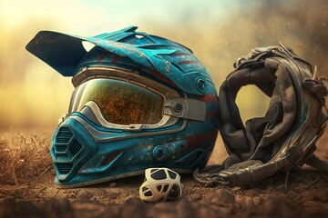 Dirty motorcycle motocross helmet with goggles, Generative ai - obrazy, fototapety, plakaty