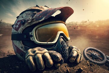 Dirty motocross helmet with goggles and gloves on dirt track