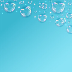 Glossy rainbow soap bubble hearts background. Realistic transparent 3d hearts on blue background with glitter.