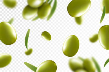 Olives background. Flying or falling olives isolated on transparent background. Can be used for advertising, packaging, banner, poster, print. Realistic 3d design. Nature product. Vector illustration
