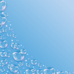 Glossy rainbow soap bubble hearts background. Realistic transparent 3d hearts on blue background with glitter.