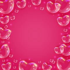 Glossy rainbow soap bubble hearts background. Realistic transparent 3d hearts on pink background. Valentines day banner.