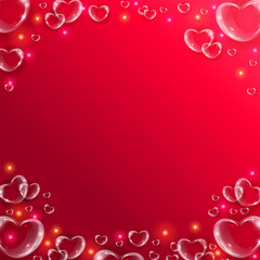 Realistic transparent hearts glass effect background. Glossy soap bubble 3d hearts on red background with glitter.