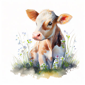 Cute cow grazing in the floral field. Watercolor illustration created with Generative Ai technology