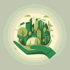 Ecological concept with green city on hand, green eco city, vector illustration