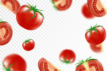 Tomato background. Falling fresh ripe tomatoes, isolated on transparent background. Selective focus. Flying defocusing red tomato. Applicable for ketchup, juice advertising. Realistic 3d vector