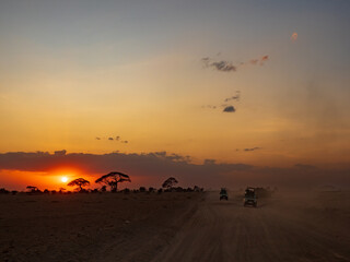 Fototapeta na wymiar The sun is setting over the acacia trees next t o the road of Amboseli National Park, Kenya, Africa. Place for text