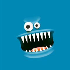 Vector funny angry blue monster face with open mouth with fangs and evil eyes isolated on blue background. Halloween cute and angry monster design template for poster, banner and tee print