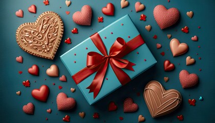 Hearts and gifts scattered across a blue table - Generated AI