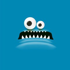 Vector funny angry blue monster face with open mouth with fangs and evil eyes isolated on blue background. Halloween cute and angry monster design template for poster, banner and tee print