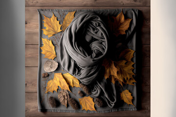 Autumnal atmosphere Stunning gray scarf against a wooden backdrop. top perspective and a flat lay. Generative AI