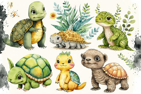 Turtle, chameleon, and other jungle baby animals in cartoon reptiles watercolor clipart for baby room decoration. Generative AI
